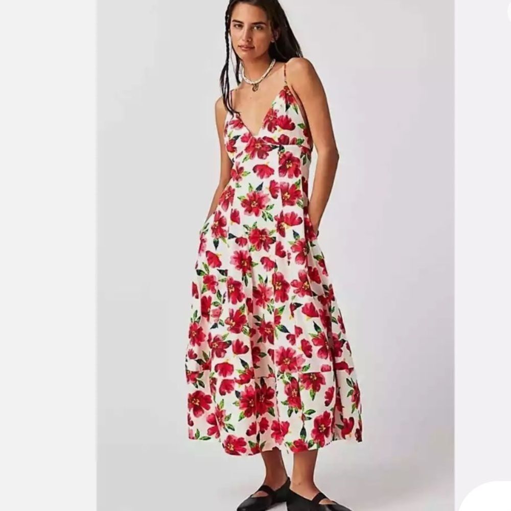 Free People size Medium Finer Things Printed Midi Dress Ivory and Red Floral